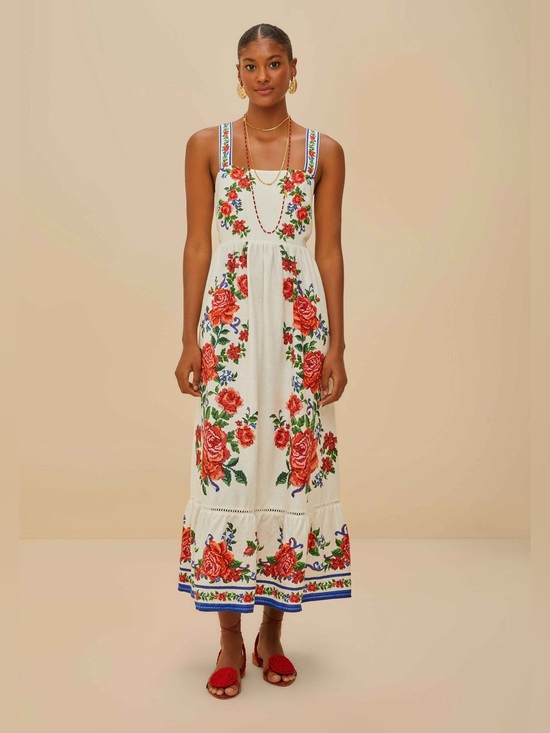 FARM Rio Dresses & Skirts - Farm Rio Off-White Flower Tapestry Maxi Dress
